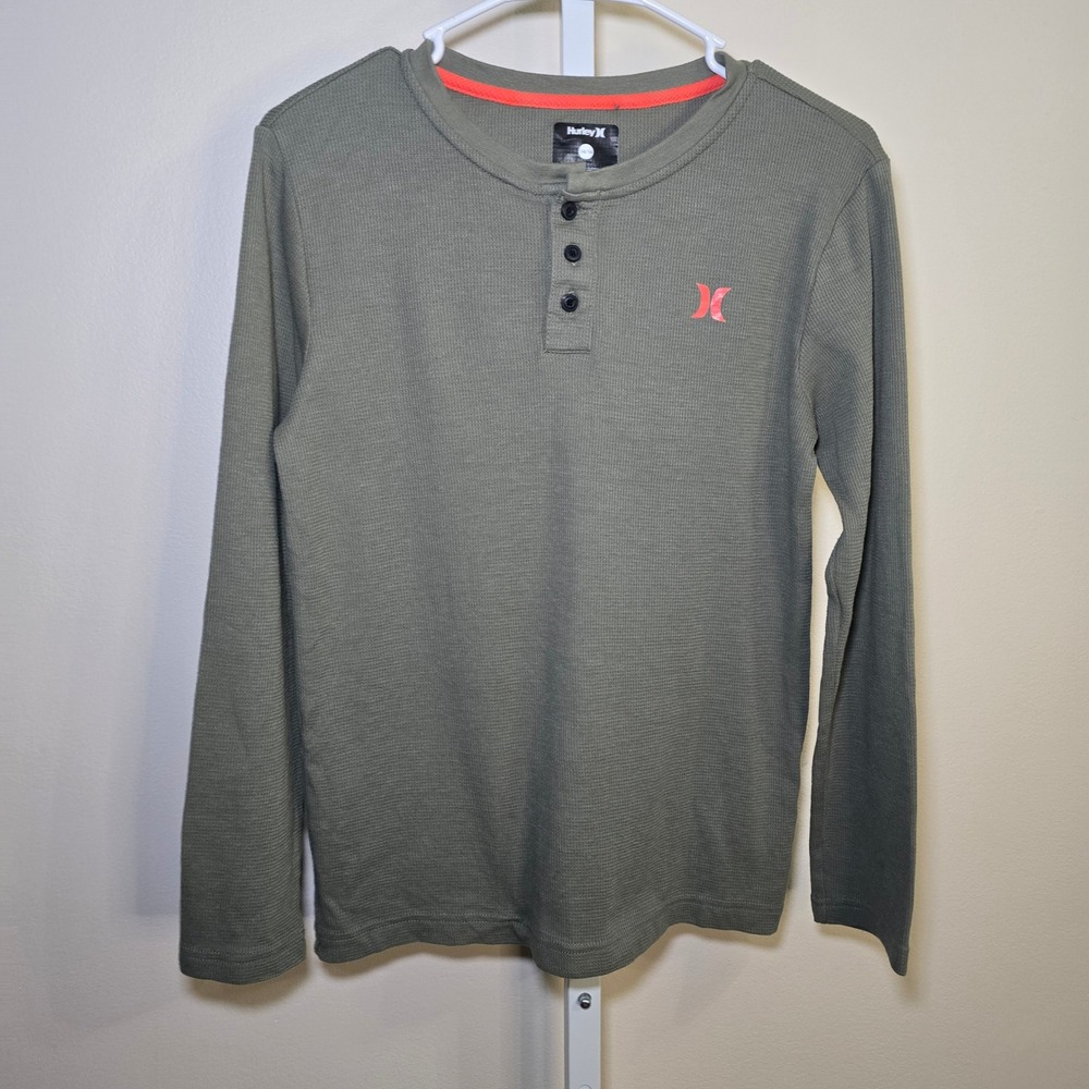 Hurley Kids Boys Long Sleeve‎ Thermal Henley Shirt  Green Orange Logo sz 14/16